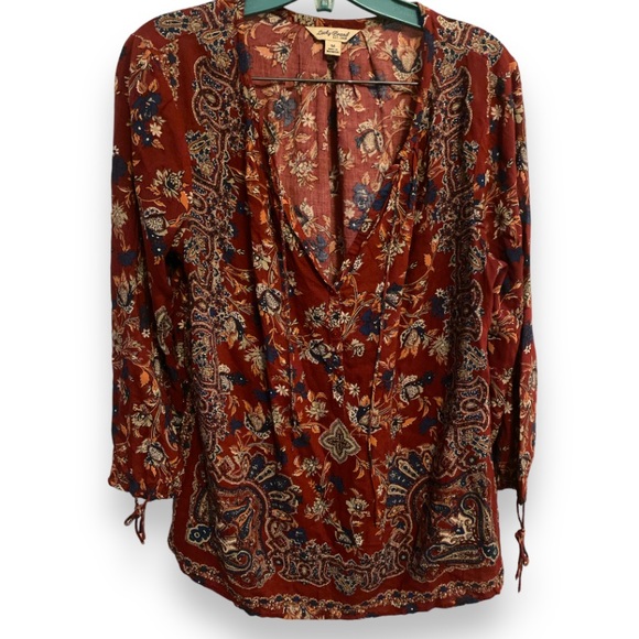 LUCKY BRAND Floral Self-Tie Cuff Floral Boho Chic Henley Peasant Blouse Medium - Picture 2 of 11